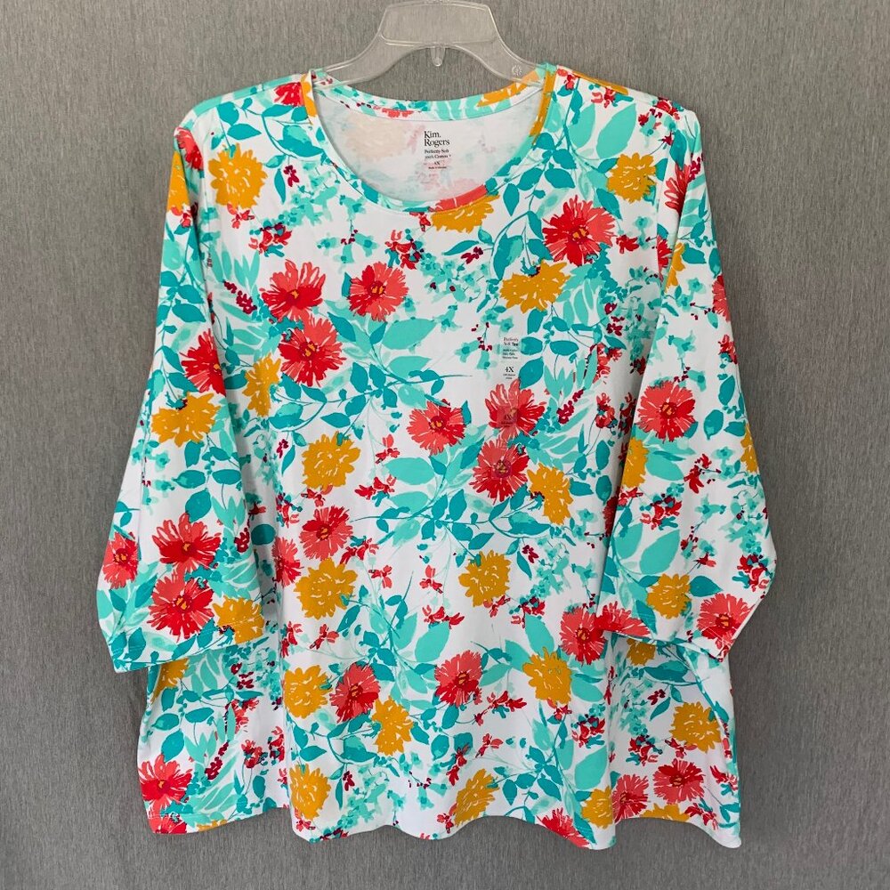 New KIM ROGERS Multi-Color Floral 3/4 Sleeve Perfectly Soft Cotton Tee Top